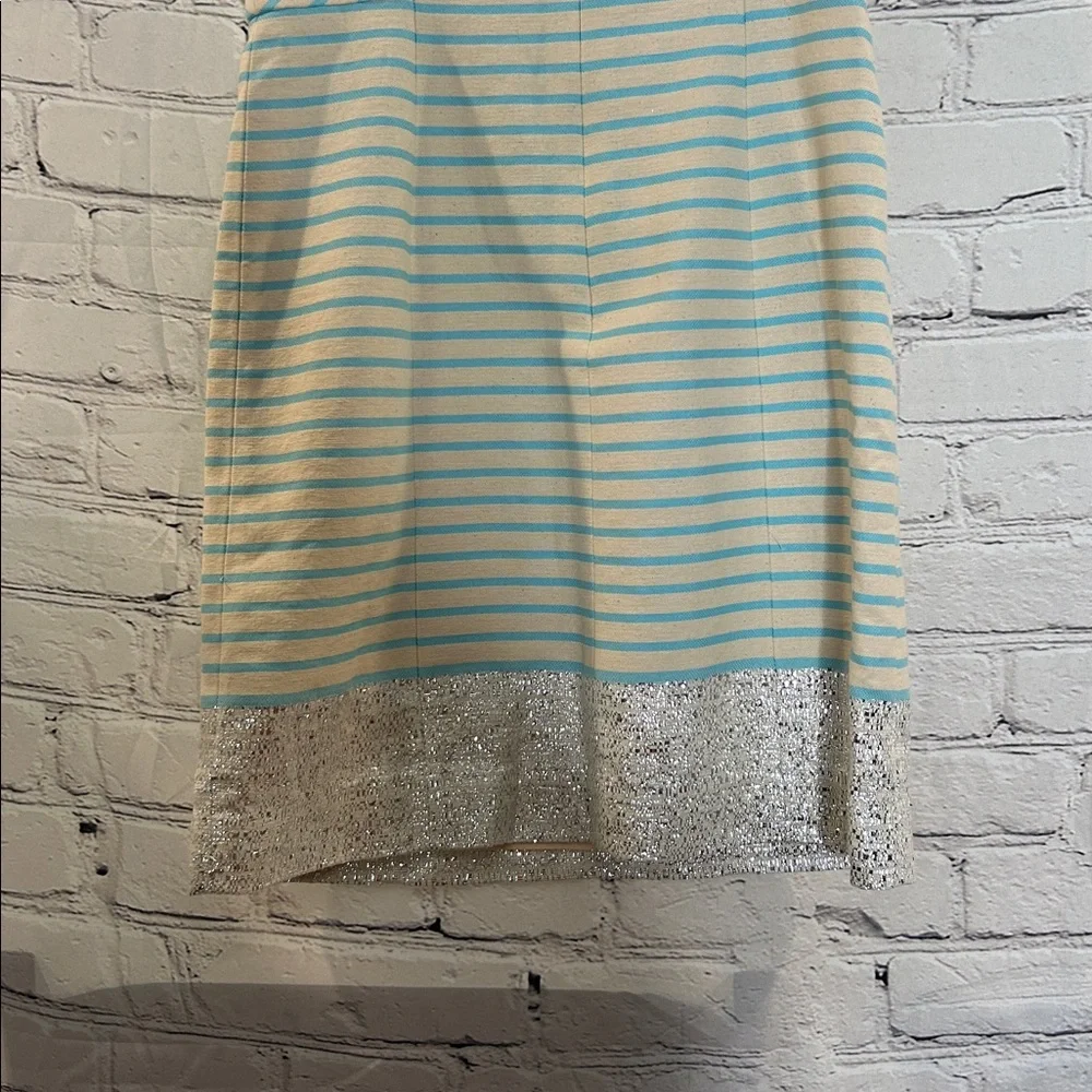 Lilly Pulitzer Blue & Ivory Striped Metallic Silver Trim Strapless Dress Size 0 - Picture 6 of 9